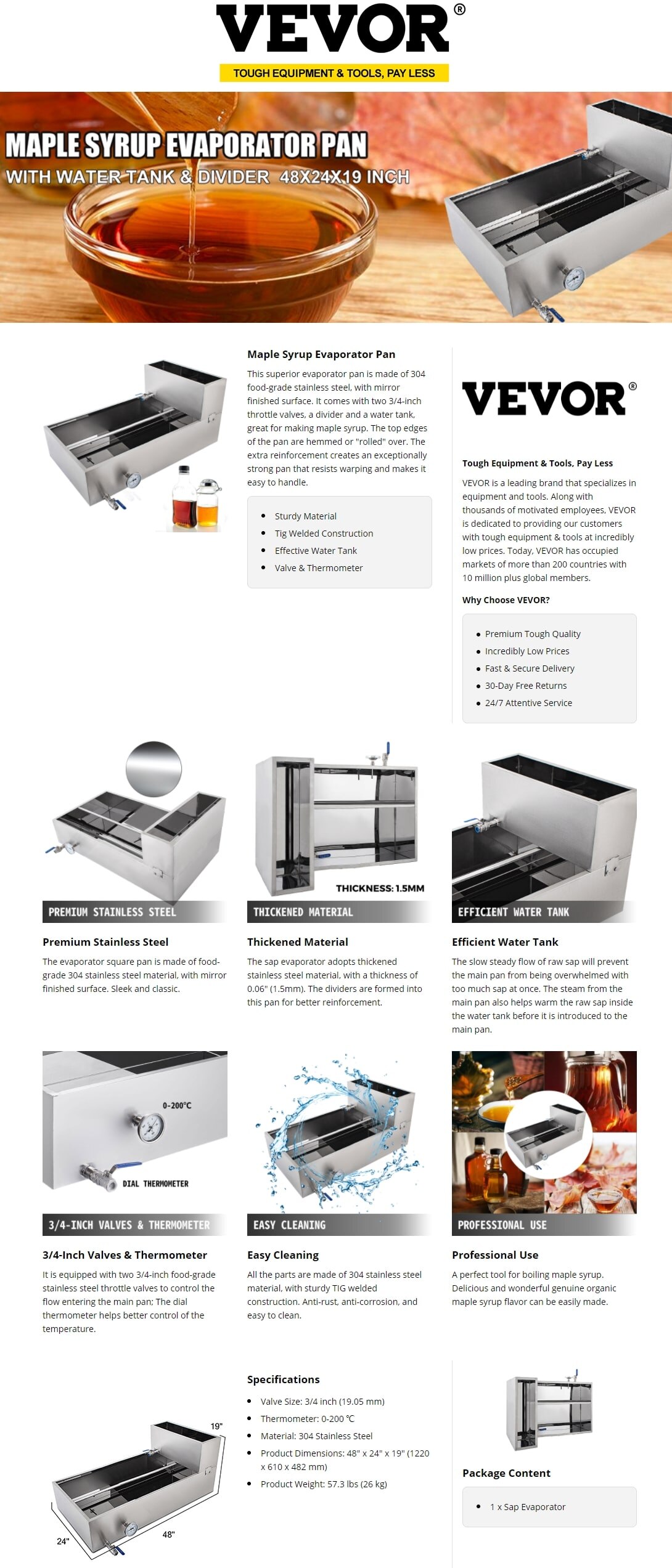 VEVOR Maple Syrup Evaporator Pan 48 x 24 x 19 in. Stainless Steel Maple